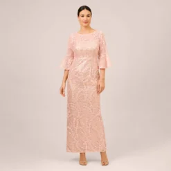 Adrianna Papell Hand-Sequined And Embroidered Illusion Long Column Gown In Blush Pearl
