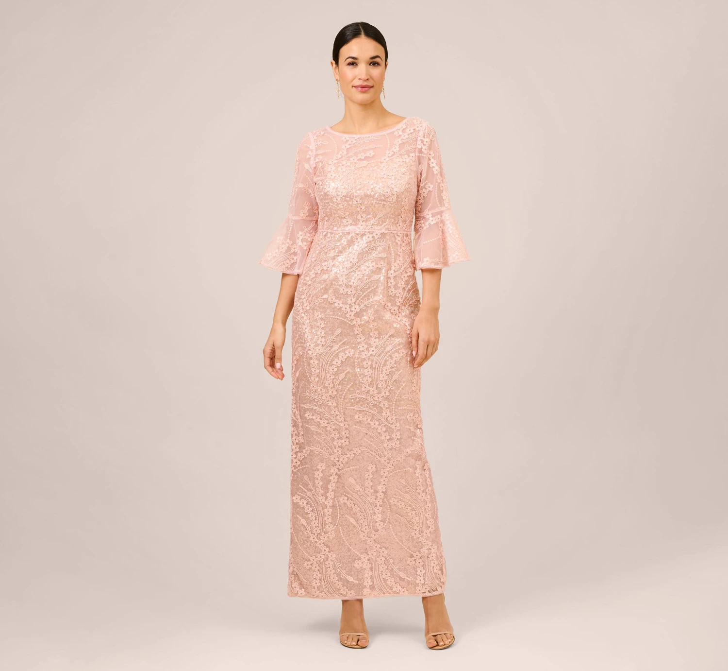 Adrianna Papell Hand-Sequined And Embroidered Illusion Long Column Gown In Blush Pearl 1 Adrianna Papell Hand-Sequined And Embroidered Illusion Long Column Gown In Blush Pearl