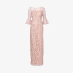 Adrianna Papell Hand-Sequined And Embroidered Illusion Long Column Gown In Blush Pearl 13 Adrianna Papell Hand-Sequined And Embroidered Illusion Long Column Gown In Blush Pearl -Glam Mirth Sales AP1E210239 AP688 Regular Flat