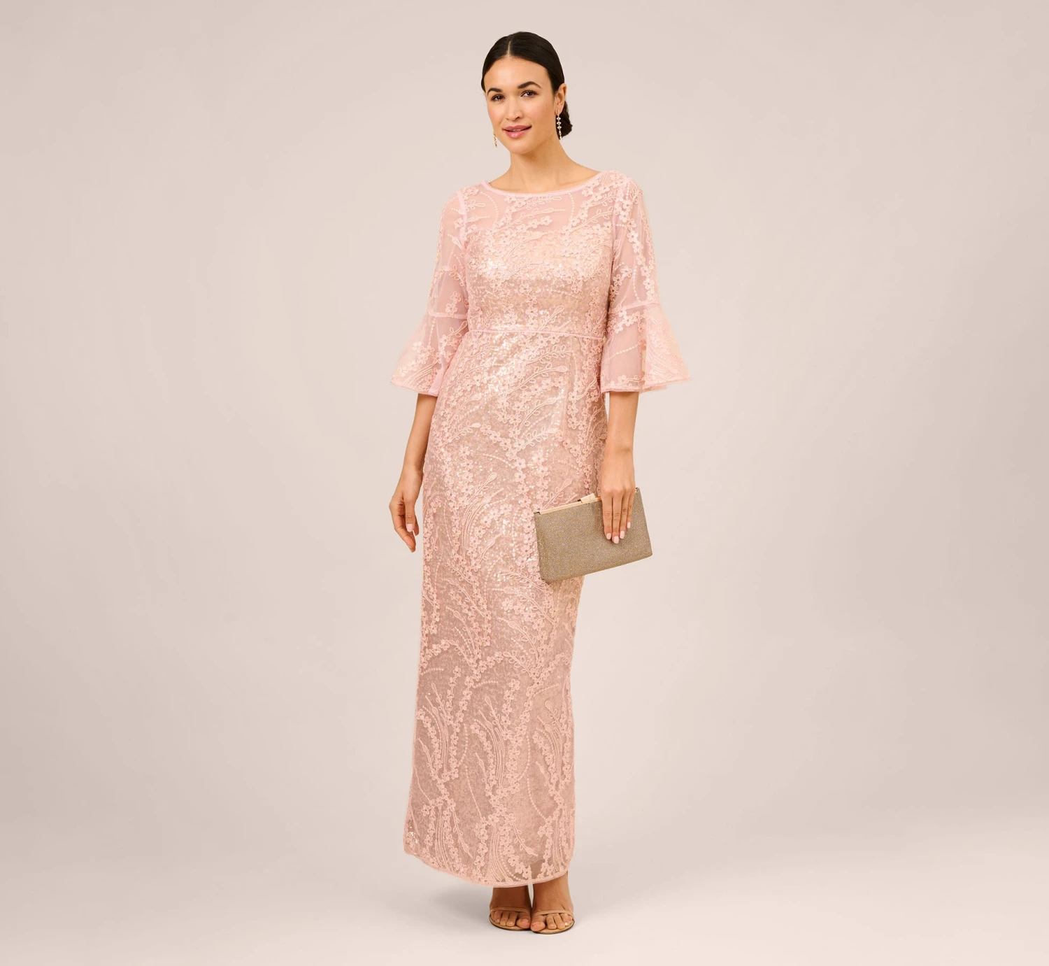 Adrianna Papell Hand-Sequined And Embroidered Illusion Long Column Gown In Blush Pearl 2 Adrianna Papell Hand-Sequined And Embroidered Illusion Long Column Gown In Blush Pearl - Image 2