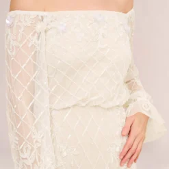 Adrianna Papell Hand-Beaded Off-The-Shoulder Blouson Short Sheath Cocktail Dress In Ivory Pearl 10 Adrianna Papell Hand-Beaded Off-The-Shoulder Blouson Short Sheath Cocktail Dress In Ivory Pearl -Glam Mirth Sales AP1E210244 AG105 Regular Detail