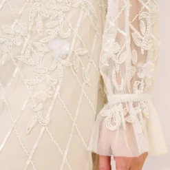 Adrianna Papell Hand-Beaded Off-The-Shoulder Blouson Short Sheath Cocktail Dress In Ivory Pearl 8 Adrianna Papell Hand-Beaded Off-The-Shoulder Blouson Short Sheath Cocktail Dress In Ivory Pearl -Glam Mirth Sales AP1E210244 AG105 Regular Side