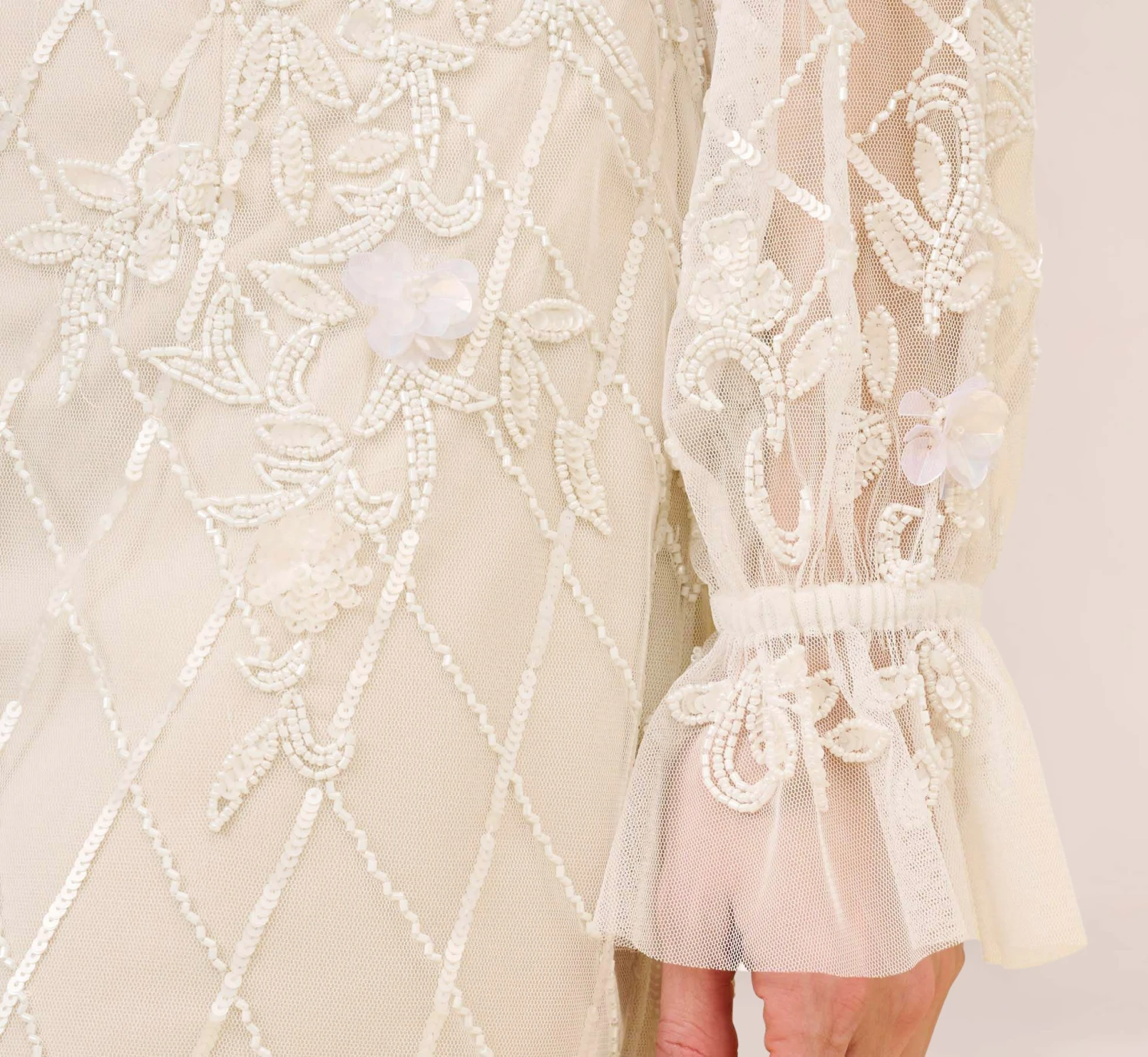 Adrianna Papell Hand-Beaded Off-The-Shoulder Blouson Short Sheath Cocktail Dress In Ivory Pearl 3 Adrianna Papell Hand-Beaded Off-The-Shoulder Blouson Short Sheath Cocktail Dress In Ivory Pearl - Image 3