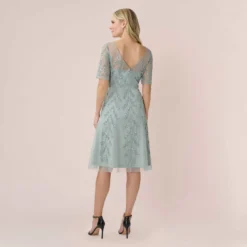 Adrianna Papell Hand-Beaded Illusion Midi-Length Fit-And-Flare Cocktail Dress In Frosted Sage 7 Adrianna Papell Hand-Beaded Illusion Midi-Length Fit-And-Flare Cocktail Dress In Frosted Sage -Glam Mirth Sales AP1E210245 AG484 Regular Back