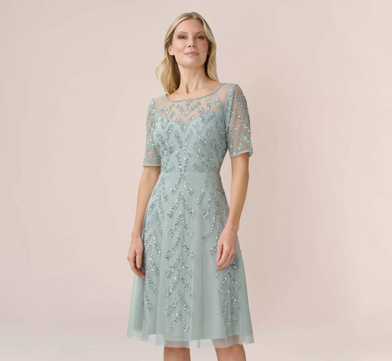 Adrianna Papell Hand-Beaded Illusion Midi-Length Fit-And-Flare Cocktail Dress In Frosted Sage 1 Adrianna Papell Hand-Beaded Illusion Midi-Length Fit-And-Flare Cocktail Dress In Frosted Sage