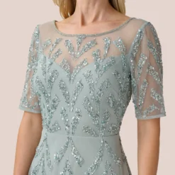 Adrianna Papell Hand-Beaded Illusion Midi-Length Fit-And-Flare Cocktail Dress In Frosted Sage 6 Adrianna Papell Hand-Beaded Illusion Midi-Length Fit-And-Flare Cocktail Dress In Frosted Sage -Glam Mirth Sales AP1E210245 AG484 Regular Detail