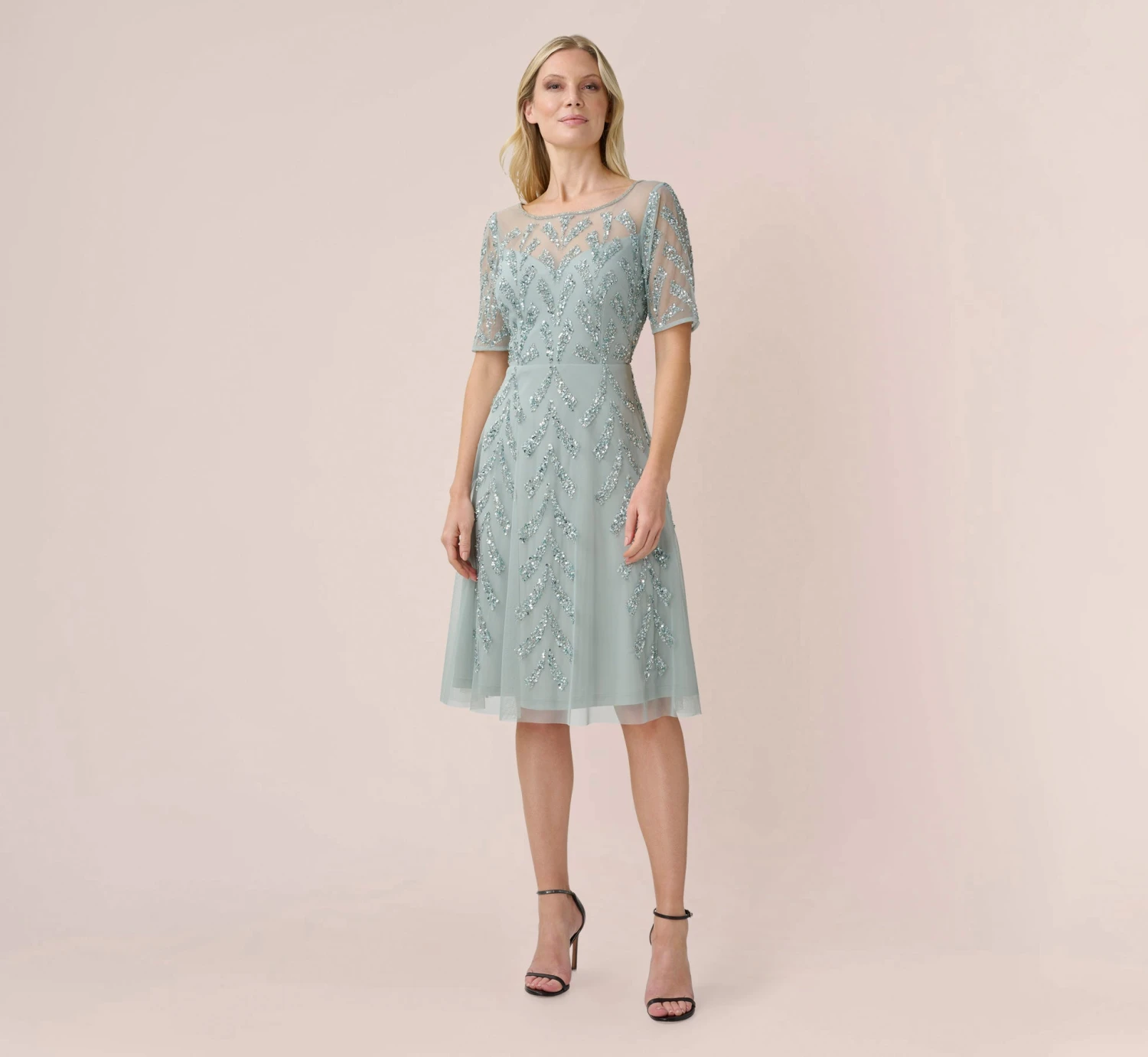 Adrianna Papell Hand-Beaded Illusion Midi-Length Fit-And-Flare Cocktail Dress In Frosted Sage 2 Adrianna Papell Hand-Beaded Illusion Midi-Length Fit-And-Flare Cocktail Dress In Frosted Sage - Image 2