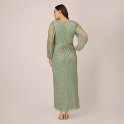 Adrianna Papell Plus Size Metallic Crinkled Mesh Draped Long Gown In Green Slate 6 Adrianna Papell Plus Size Metallic Crinkled Mesh Draped Long Gown In Green Slate -Glam Mirth Sales AP1E210265 AA355 Plus Back