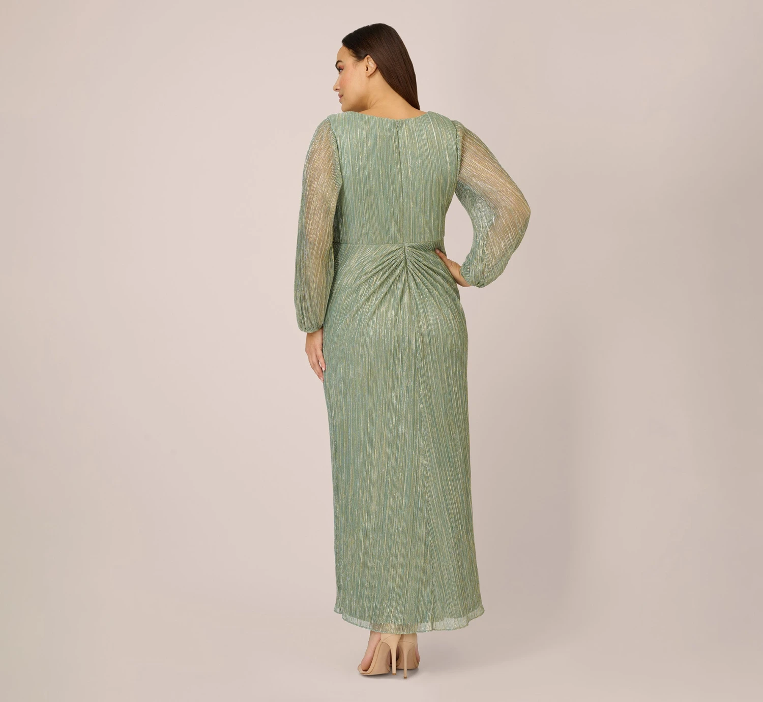 Adrianna Papell Plus Size Metallic Crinkled Mesh Draped Long Gown In Green Slate 3 Adrianna Papell Plus Size Metallic Crinkled Mesh Draped Long Gown In Green Slate - Image 3
