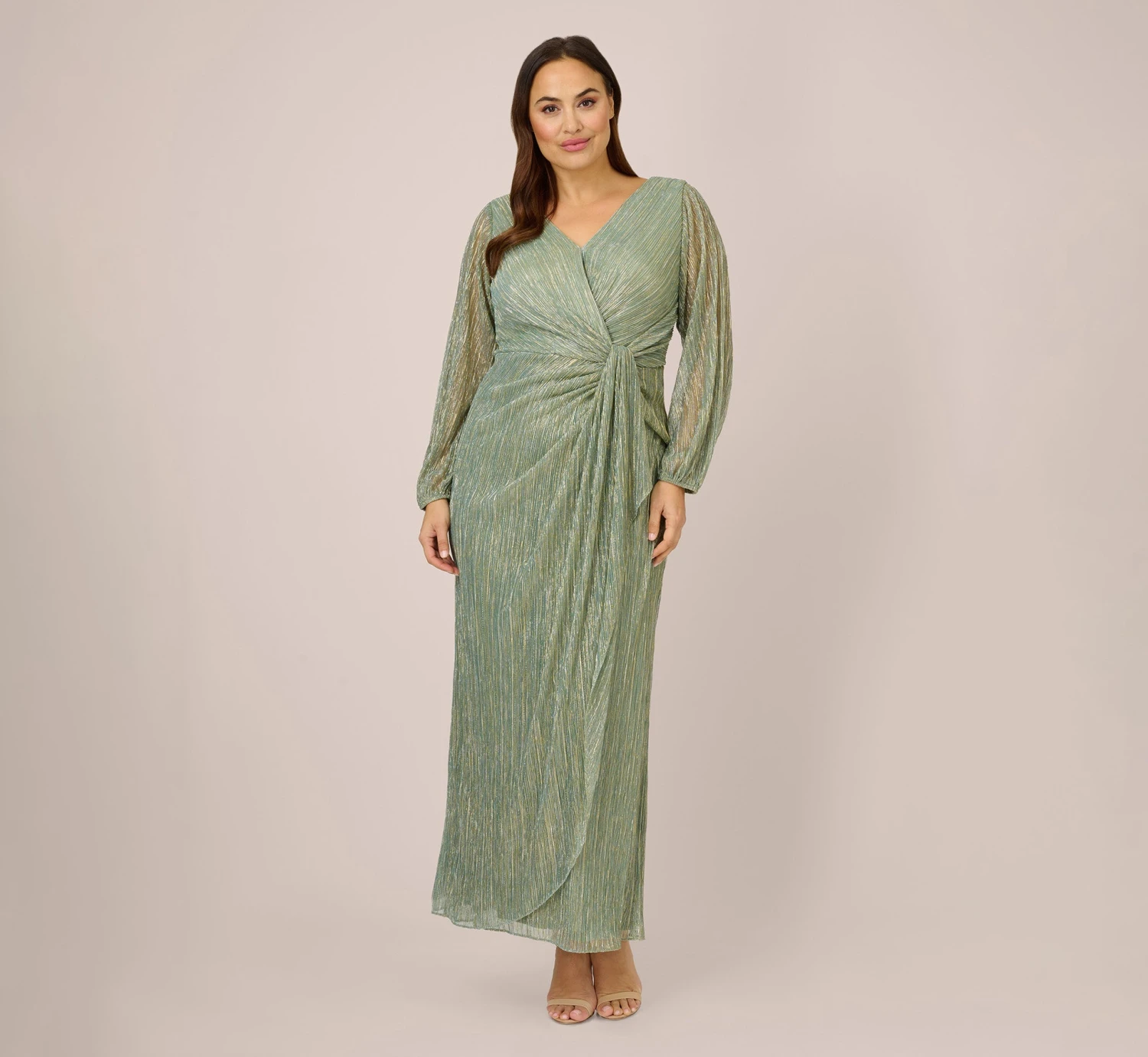 Adrianna Papell Plus Size Metallic Crinkled Mesh Draped Long Gown In Green Slate 1 Adrianna Papell Plus Size Metallic Crinkled Mesh Draped Long Gown In Green Slate