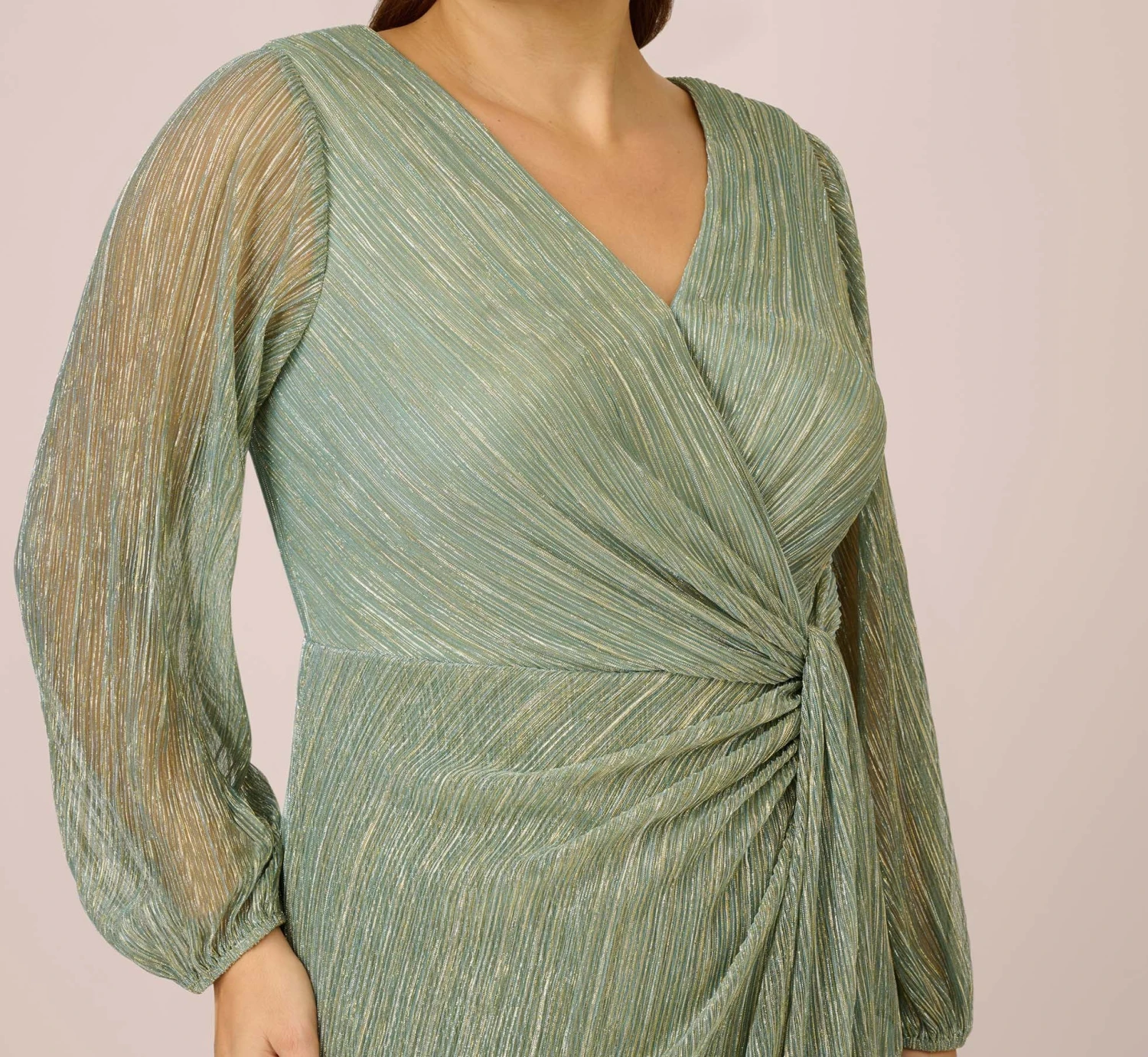 Adrianna Papell Plus Size Metallic Crinkled Mesh Draped Long Gown In Green Slate 2 Adrianna Papell Plus Size Metallic Crinkled Mesh Draped Long Gown In Green Slate - Image 2