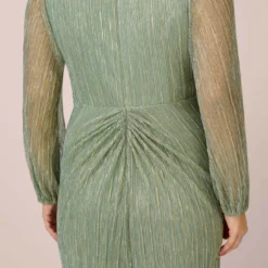 Adrianna Papell Plus Size Metallic Crinkled Mesh Draped Long Gown In Green Slate 7 Adrianna Papell Plus Size Metallic Crinkled Mesh Draped Long Gown In Green Slate -Glam Mirth Sales AP1E210265 AA355 Plus Lifestyle