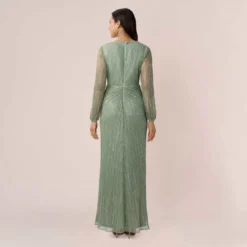 Adrianna Papell Metallic Crinkled Mesh Draped Long Gown In Green Slate -Glam Mirth Sales AP1E210265 AA355 Regular Back