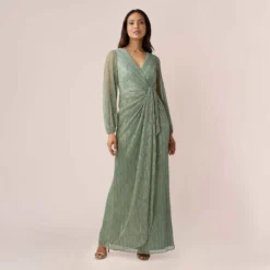 Adrianna Papell Metallic Crinkled Mesh Draped Long Gown In Green Slate