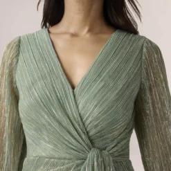 Adrianna Papell Metallic Crinkled Mesh Draped Long Gown In Green Slate -Glam Mirth Sales AP1E210265 AA355 Regular Detail