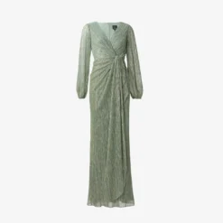 Adrianna Papell Metallic Crinkled Mesh Draped Long Gown In Green Slate -Glam Mirth Sales AP1E210265 AA355 Regular Flat