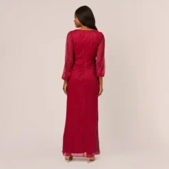 Adrianna Papell Metallic Crinkled Mesh Draped Long Gown In Scarlet 9 Adrianna Papell Metallic Crinkled Mesh Draped Long Gown In Scarlet -Glam Mirth Sales AP1E210265 AB614 Regular Back