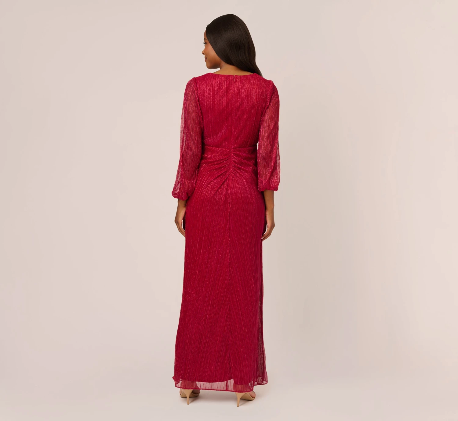 Adrianna Papell Metallic Crinkled Mesh Draped Long Gown In Scarlet 4 Adrianna Papell Metallic Crinkled Mesh Draped Long Gown In Scarlet - Image 4