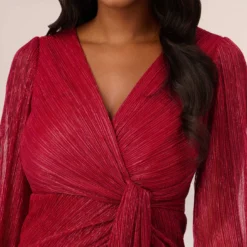 Adrianna Papell Metallic Crinkled Mesh Draped Long Gown In Scarlet 8 Adrianna Papell Metallic Crinkled Mesh Draped Long Gown In Scarlet -Glam Mirth Sales AP1E210265 AB614 Regular Detail