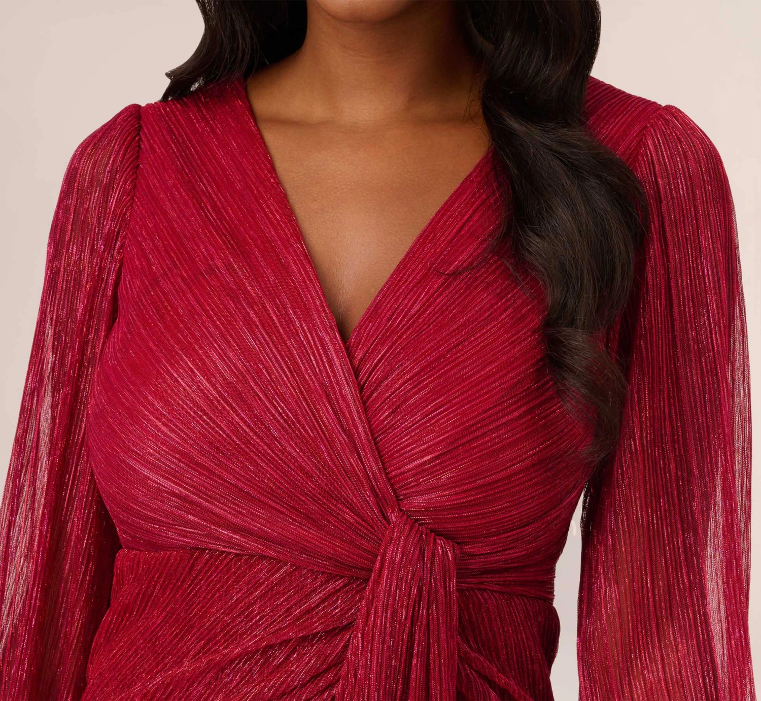 Adrianna Papell Metallic Crinkled Mesh Draped Long Gown In Scarlet 3 Adrianna Papell Metallic Crinkled Mesh Draped Long Gown In Scarlet - Image 3