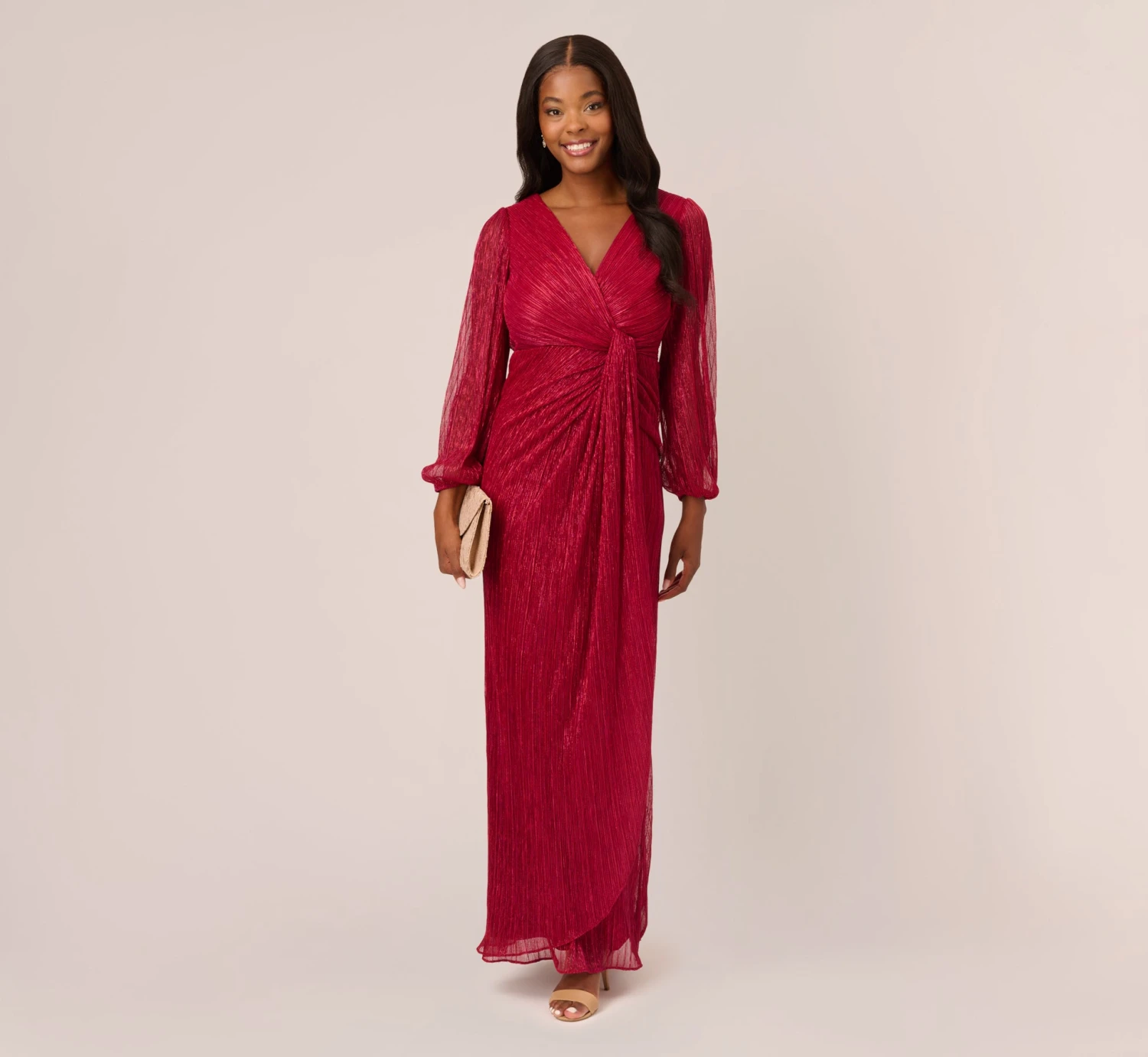 Adrianna Papell Metallic Crinkled Mesh Draped Long Gown In Scarlet 2 Adrianna Papell Metallic Crinkled Mesh Draped Long Gown In Scarlet - Image 2