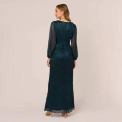 Adrianna Papell Metallic Crinkled Mesh Draped Long Gown In Teal Sapphire -Glam Mirth Sales AP1E210265 AL473 Regular Back