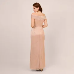 Adrianna Papell Metallic Rose Motif Off-The-Shoulder Long Gown In Rose Gold 9 Adrianna Papell Metallic Rose Motif Off-The-Shoulder Long Gown In Rose Gold -Glam Mirth Sales AP1E210267 AI298 Regular Back