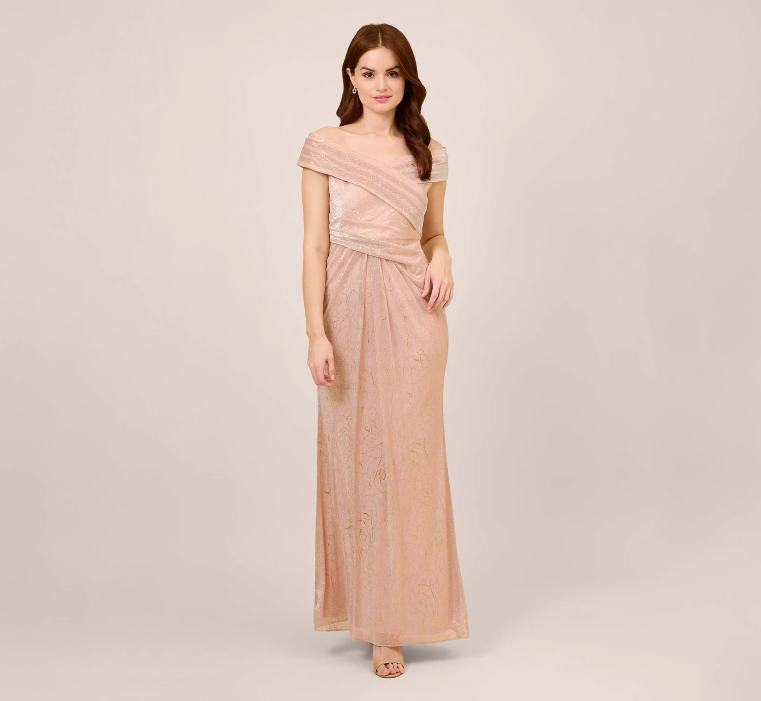 Adrianna Papell Metallic Rose Motif Off-The-Shoulder Long Gown In Rose Gold 1 Adrianna Papell Metallic Rose Motif Off-The-Shoulder Long Gown In Rose Gold