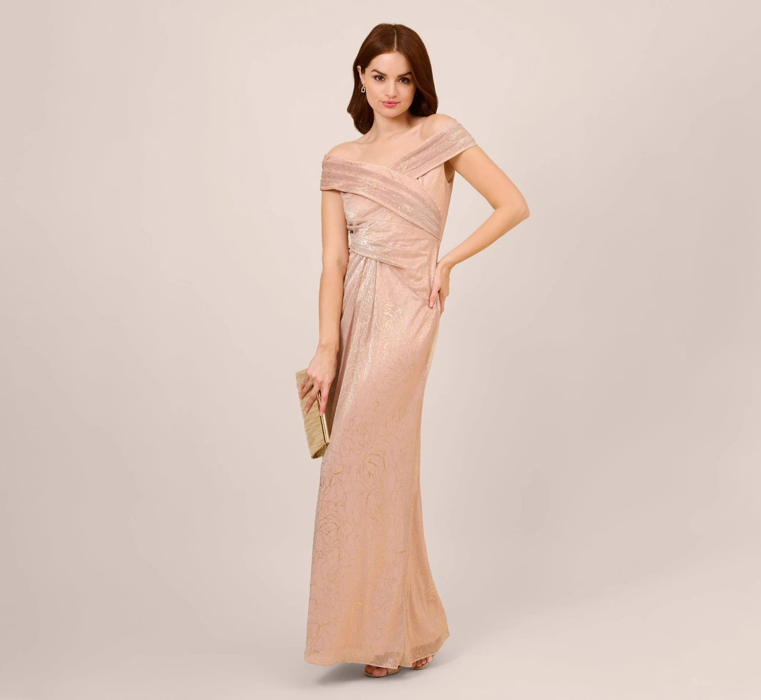 Adrianna Papell Metallic Rose Motif Off-The-Shoulder Long Gown In Rose Gold 2 Adrianna Papell Metallic Rose Motif Off-The-Shoulder Long Gown In Rose Gold - Image 2