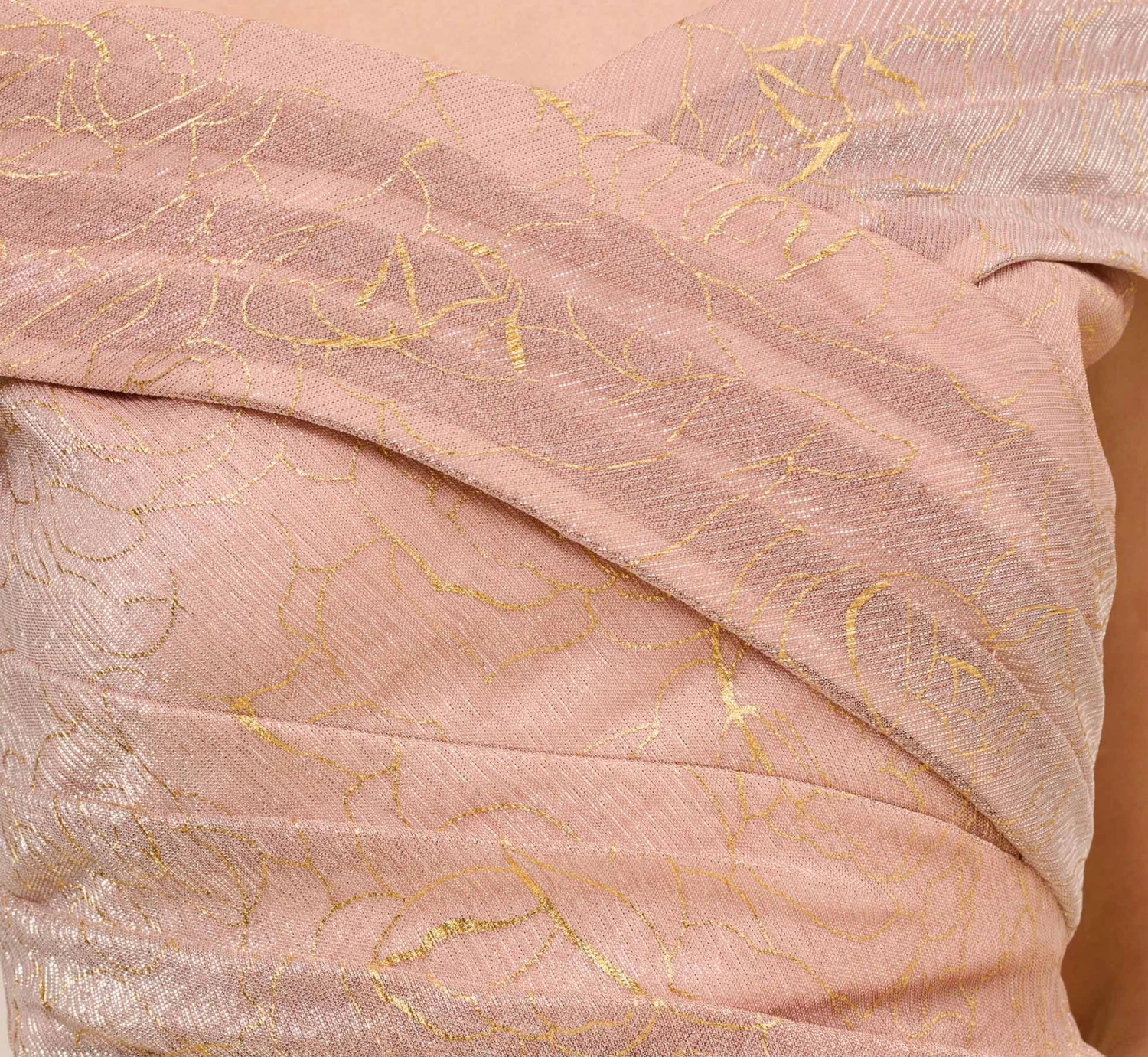 Adrianna Papell Metallic Rose Motif Off-The-Shoulder Long Gown In Rose Gold 3 Adrianna Papell Metallic Rose Motif Off-The-Shoulder Long Gown In Rose Gold - Image 3