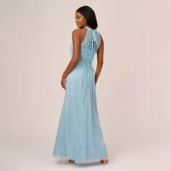 Adrianna Papell Floral Metallic Stencil Long Halter Gown In Light Blue 9 Adrianna Papell Floral Metallic Stencil Long Halter Gown In Light Blue -Glam Mirth Sales AP1E210280 AA486 Regular Back