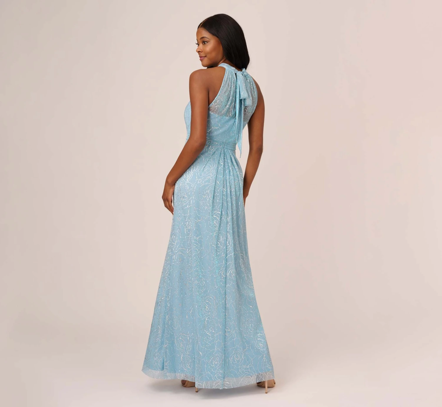 Adrianna Papell Floral Metallic Stencil Long Halter Gown In Light Blue 4 Adrianna Papell Floral Metallic Stencil Long Halter Gown In Light Blue - Image 4