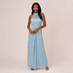 Adrianna Papell Floral Metallic Stencil Long Halter Gown In Light Blue