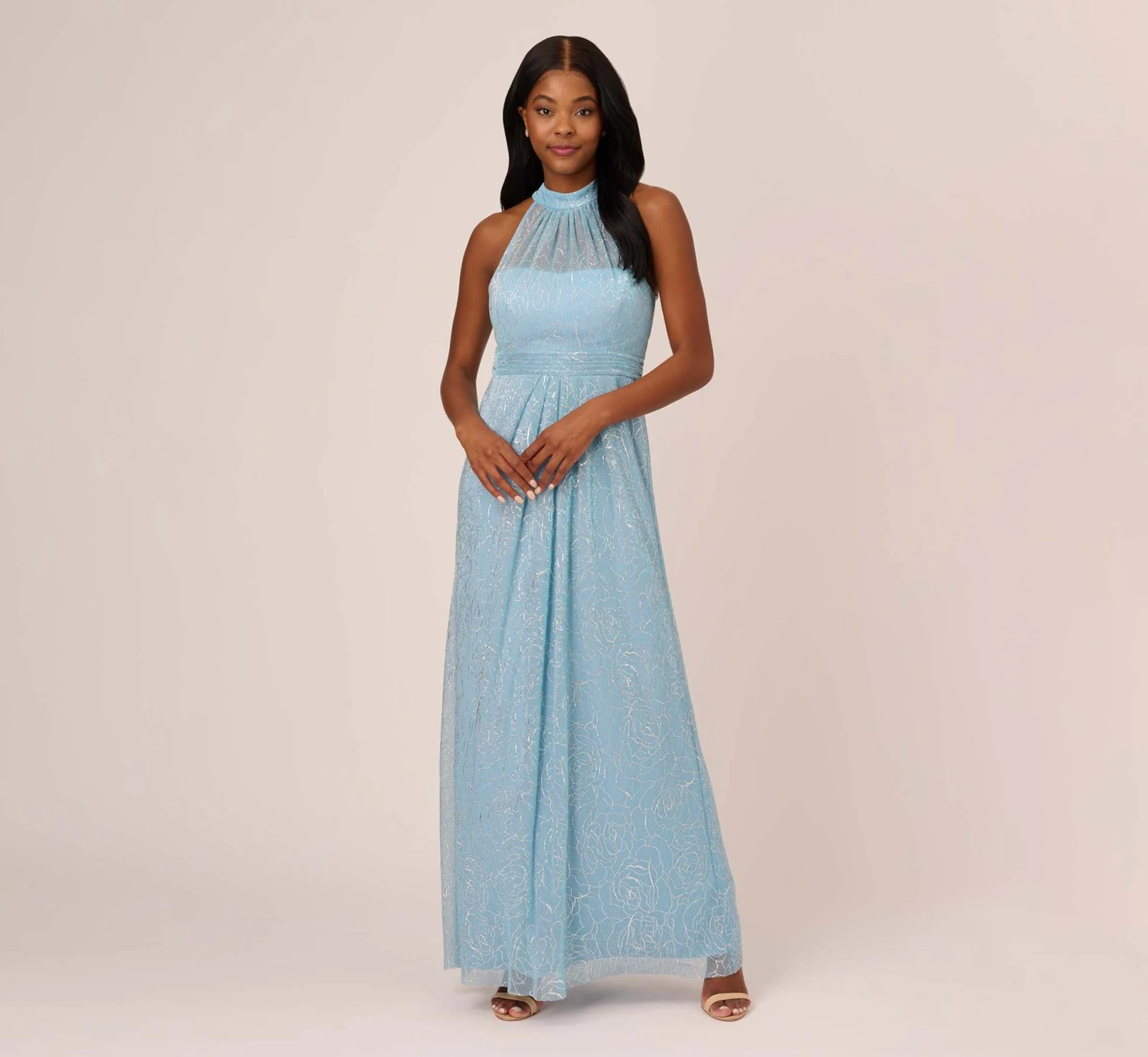 Adrianna Papell Floral Metallic Stencil Long Halter Gown In Light Blue 1 Adrianna Papell Floral Metallic Stencil Long Halter Gown In Light Blue