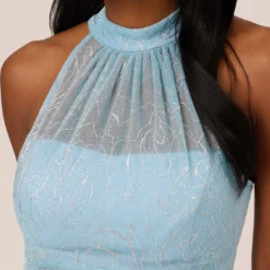 Adrianna Papell Floral Metallic Stencil Long Halter Gown In Light Blue 10 Adrianna Papell Floral Metallic Stencil Long Halter Gown In Light Blue -Glam Mirth Sales AP1E210280 AA486 Regular Detail