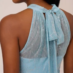 Adrianna Papell Floral Metallic Stencil Long Halter Gown In Light Blue 8 Adrianna Papell Floral Metallic Stencil Long Halter Gown In Light Blue -Glam Mirth Sales AP1E210280 AA486 Regular Lifestyle