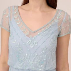 Adrianna Papell Hand-Beaded Illusion Long Blouson Gown In Elegant Sky -Glam Mirth Sales AP1E210284 AC497 Regular Detail