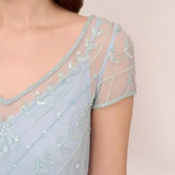 Adrianna Papell Hand-Beaded Illusion Long Blouson Gown In Elegant Sky -Glam Mirth Sales AP1E210284 AC497 Regular Lifestyle