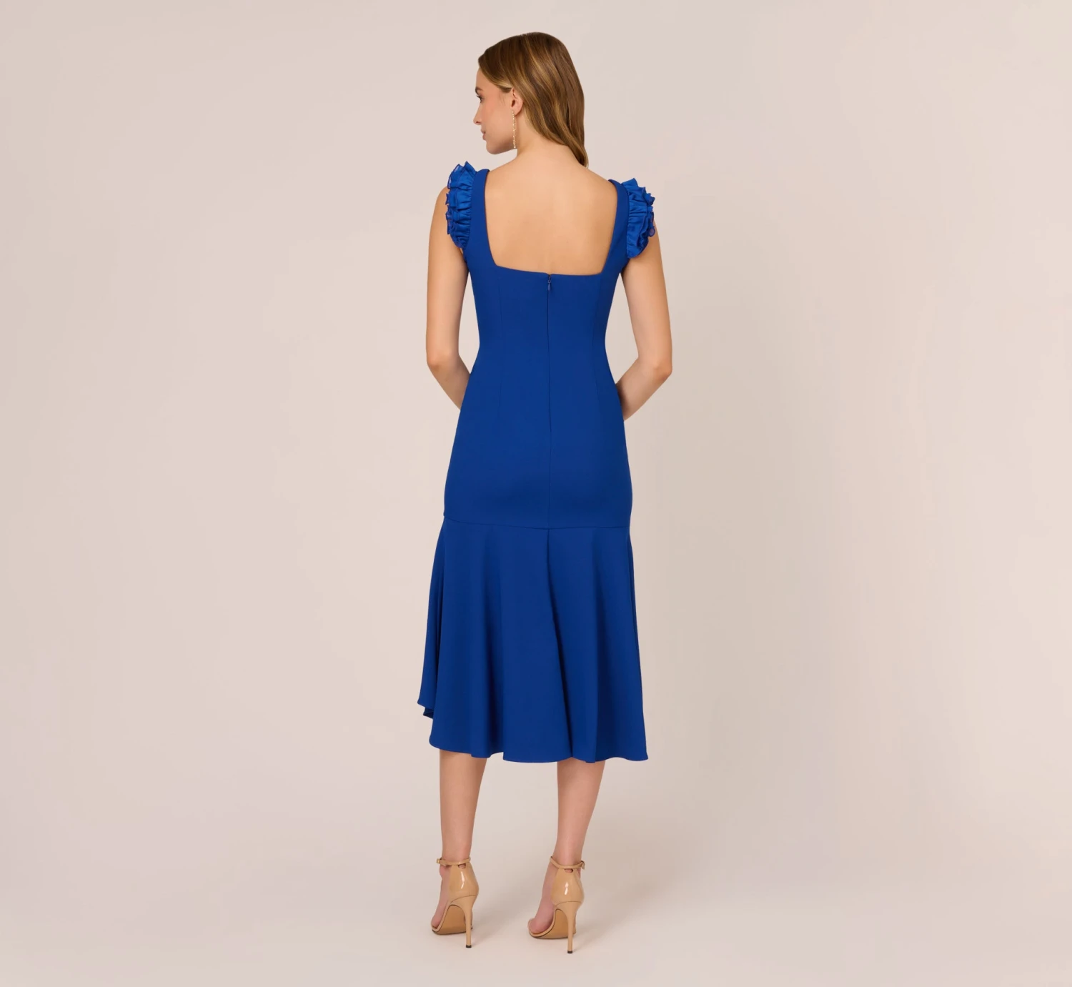 Adrianna Papell Ruffled Satin Crepe Midi-Length High/Low Cocktail Mermaid Dress In Violet Cobalt 4 Adrianna Papell Ruffled Satin Crepe Midi-Length High/Low Cocktail Mermaid Dress In Violet Cobalt - Image 4
