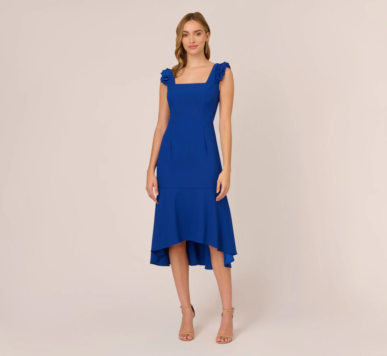 Adrianna Papell Ruffled Satin Crepe Midi-Length High/Low Cocktail Mermaid Dress In Violet Cobalt 1 Adrianna Papell Ruffled Satin Crepe Midi-Length High/Low Cocktail Mermaid Dress In Violet Cobalt