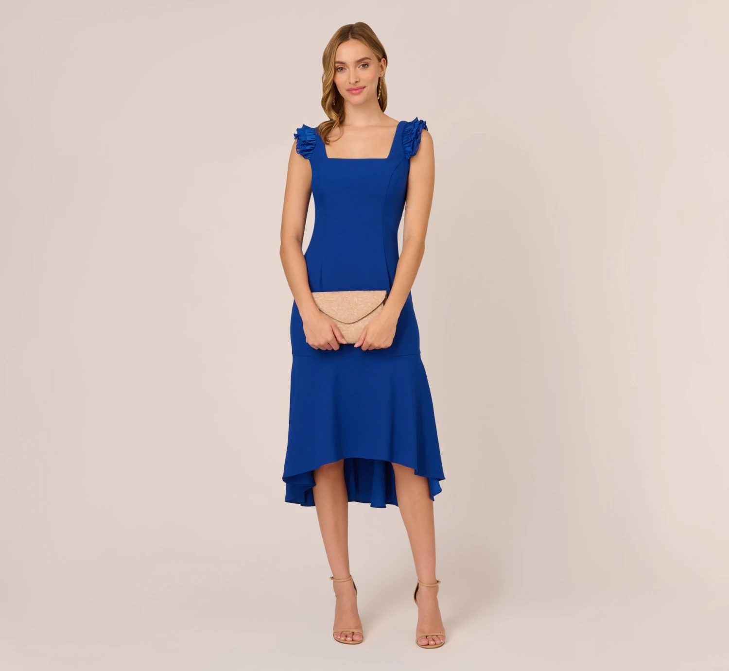 Adrianna Papell Ruffled Satin Crepe Midi-Length High/Low Cocktail Mermaid Dress In Violet Cobalt 2 Adrianna Papell Ruffled Satin Crepe Midi-Length High/Low Cocktail Mermaid Dress In Violet Cobalt - Image 2