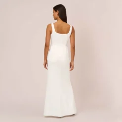 Adrianna Papell Satin Crepe Mermaid Gown With Tie Waist In Ivory 9 Adrianna Papell Satin Crepe Mermaid Gown With Tie Waist In Ivory -Glam Mirth Sales AP1E210310 AA194 Regular Back