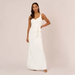 Adrianna Papell Satin Crepe Mermaid Gown With Tie Waist In Ivory