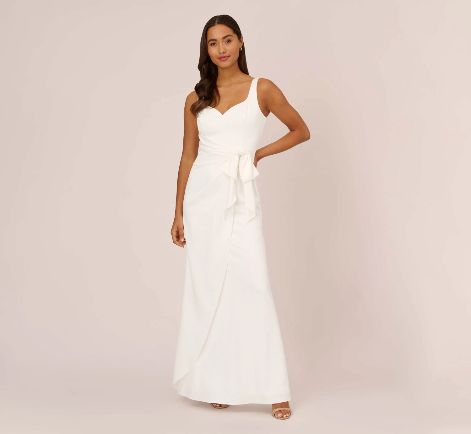 Adrianna Papell Satin Crepe Mermaid Gown With Tie Waist In Ivory 1 Adrianna Papell Satin Crepe Mermaid Gown With Tie Waist In Ivory