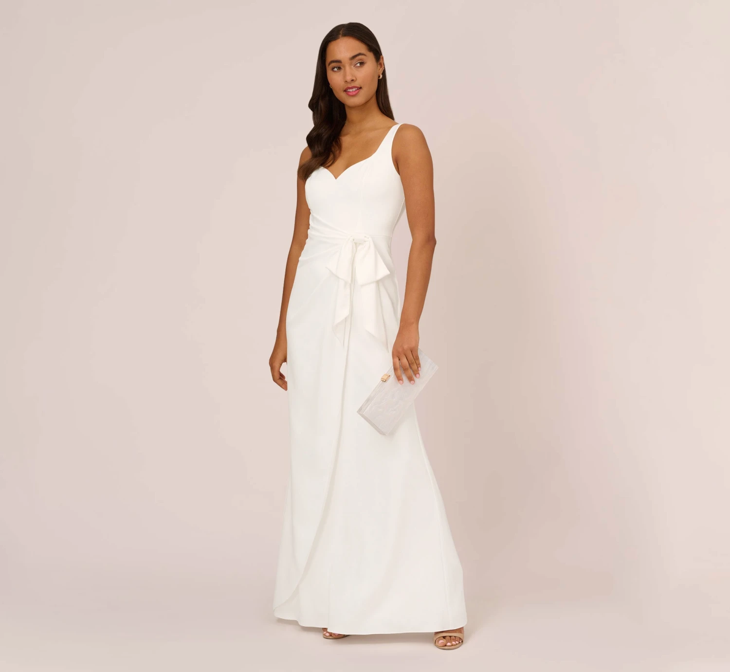 Adrianna Papell Satin Crepe Mermaid Gown With Tie Waist In Ivory 2 Adrianna Papell Satin Crepe Mermaid Gown With Tie Waist In Ivory - Image 2