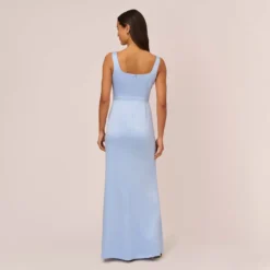 Adrianna Papell Satin Crepe Mermaid Gown With Tie Waist In Blue Breeze 10 Adrianna Papell Satin Crepe Mermaid Gown With Tie Waist In Blue Breeze -Glam Mirth Sales AP1E210310 AD497 Regular Back