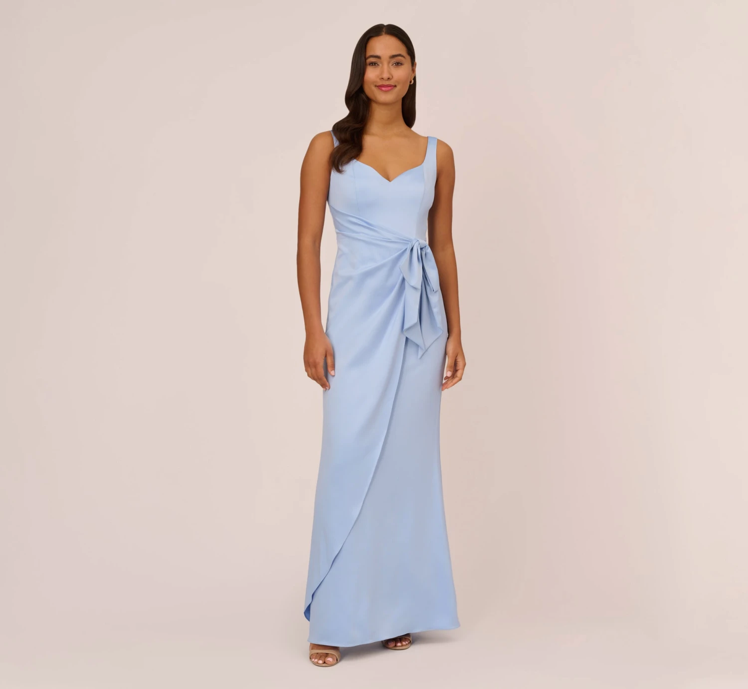 Adrianna Papell Satin Crepe Mermaid Gown With Tie Waist In Blue Breeze 1 Adrianna Papell Satin Crepe Mermaid Gown With Tie Waist In Blue Breeze