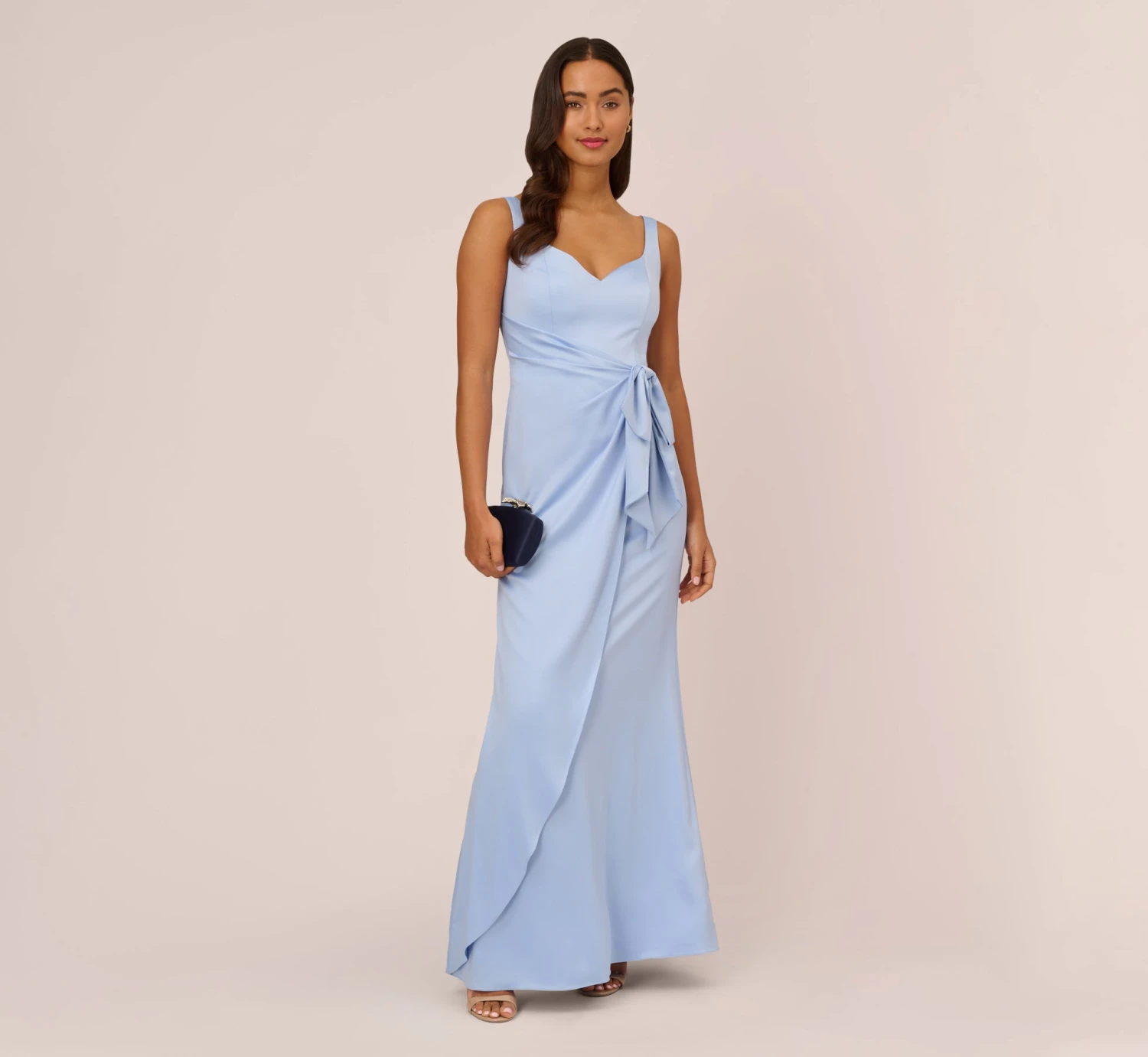 Adrianna Papell Satin Crepe Mermaid Gown With Tie Waist In Blue Breeze 2 Adrianna Papell Satin Crepe Mermaid Gown With Tie Waist In Blue Breeze - Image 2