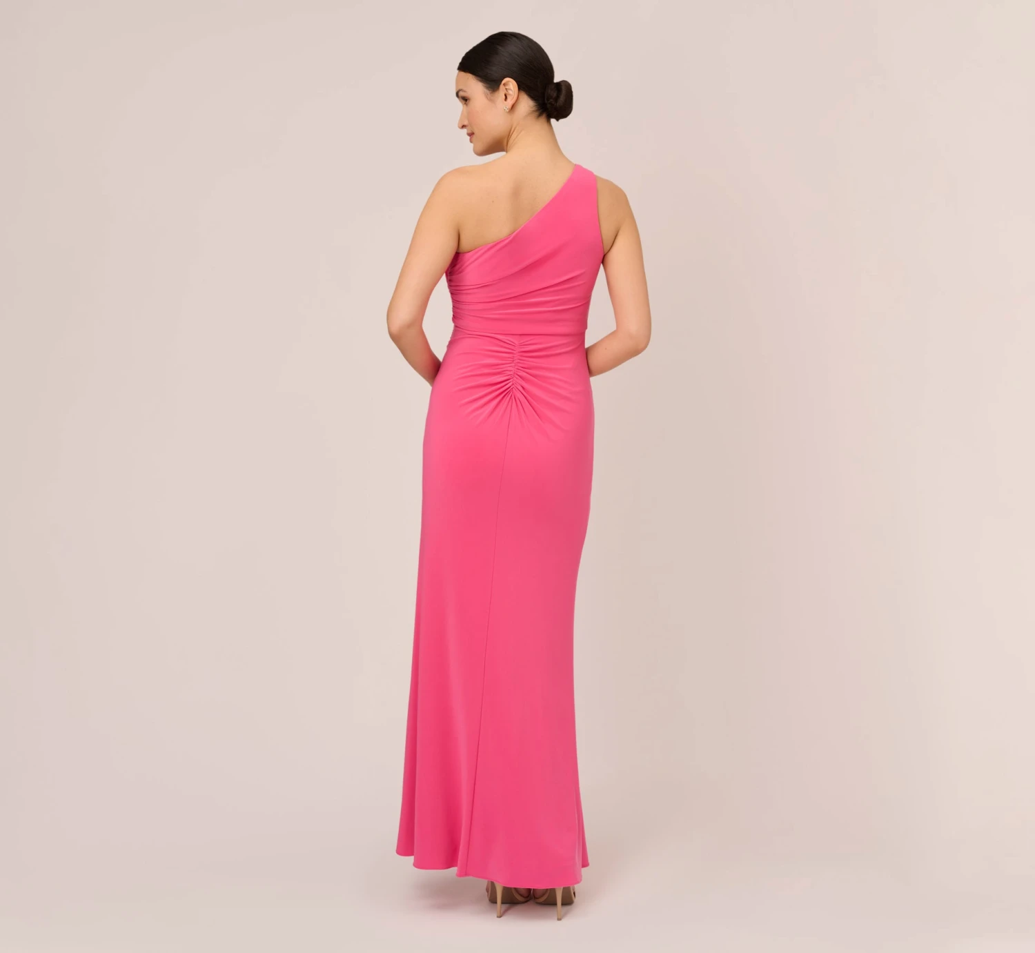 Adrianna Papell One Shoulder Draped Gown With Ring Detail In Pink Lotus 2 Adrianna Papell One Shoulder Draped Gown With Ring Detail In Pink Lotus - Image 2
