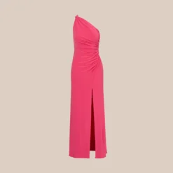 Adrianna Papell One Shoulder Draped Gown With Ring Detail In Pink Lotus 11 Adrianna Papell One Shoulder Draped Gown With Ring Detail In Pink Lotus -Glam Mirth Sales AP1E210314 AG661 Regular Flat